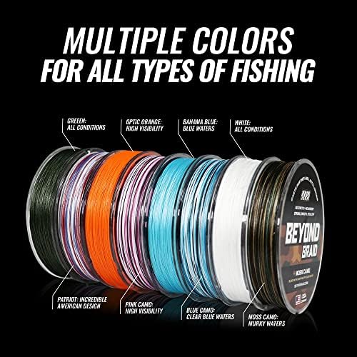 Beyond Braid Braided Fishing Line -Super Strong - Abrasion Resistant - No Stretch -Blue Camo, Moss Camo, White, Green, Pink, Blue, 4 Strand 8 Strand