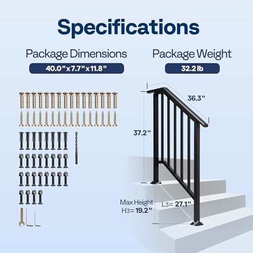 VIVOHOME 2-Pack Wrought Iron Hand Rails for Outdoor Steps – 27.1" Black Oval and Safety Balusters Exterior Railing Kit for Porch, Deck, or Indoor Stairs (3-Step, Black)