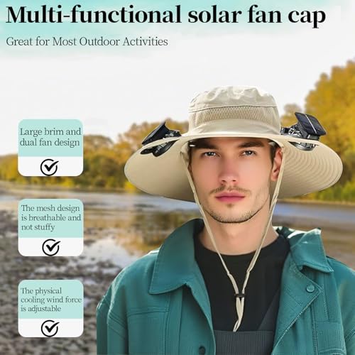 Wide-Brimmed Solar Fan Hat with 2 Solar FansFishing Hat Built in Solar Fan for Outdoor ActivitiesWith USB Charging Port (US, Alpha, One Size, Khaki)