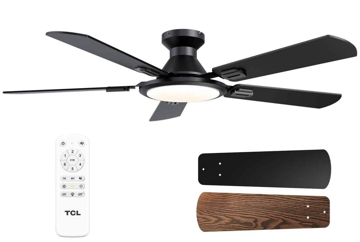 TCL Ceiling Fans with Lights, 52 Inch Low Profile Ceiling Fan with Light and Remote Control, Flush Mount, DC Reversible Motor, Noiseless, 6 Speeds Ceiling Fan for Bedroom (Black)