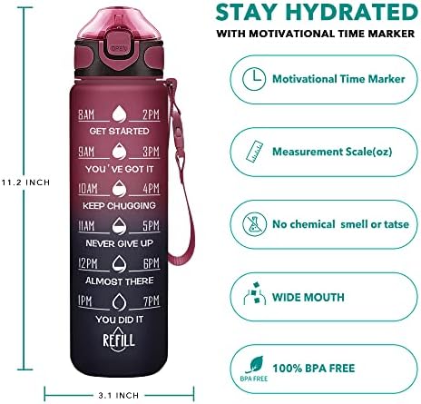 Enerbone 32 oz Drinking Water Bottle with Times to Drink and Straw, Motivational with Carrying Strap, Leakproof BPA & Toxic Free, Ensure You Drink Enough Water for Fitness Gym Outdoor