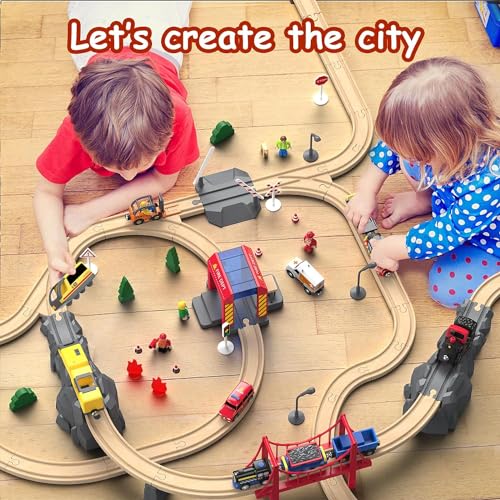 Giant bean 72PCS Fire Station Wooden Train Track Electric Train Set, Gift Packed Toy Railway Kits for Kids, Toddler Boys and Girls 3,4,5 Years Old and Up, Christmas Birthday Gift Toy for Kids