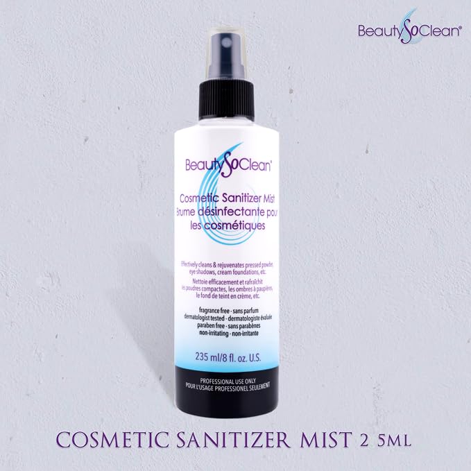 Beautysoclean Cosmetic Sanitizer Mist - (8.0 oz.) Makeup Sanitizing Spray for Powder-based Makeup Palettes & Pressed Cream Foundations, Bronzers, Concealers, Blushes, Eyeshadows.
