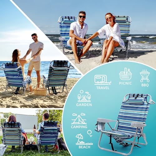 Beach Chairs for Adults Heavy Duty, Compact Portable Lay Flat Folding Chair with Backpack Straps and Large Cooler Pouch, Support to 350LBS (Stripes_Blue&Cyan)