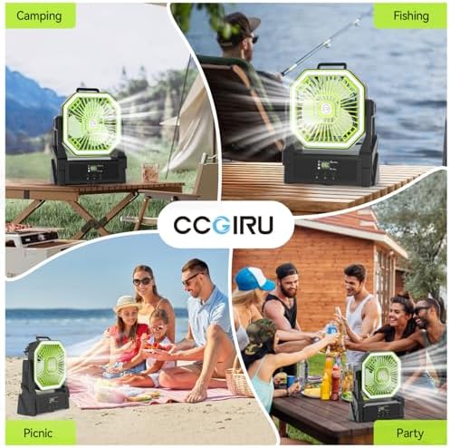 Portable Battery Powered Fan with 4 Lights, 20000mAh Battery Operated Fans with Remote, Outdoor Camping Fan Rechargeable, 4 Speed, 4 Timer for Picnic, Barbecue, Fishing, Home