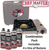Chef Master 15,000 BTU Portable Butane Camping Stove COMBO with 4 x 8oz. Butane Fuel Canister, Double Wind-Guard Portable Stove Burner for Emergency, Road Trip, Backpacking & Camping Essential - 90019