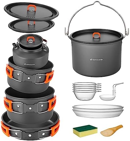 Odoland 18pcs Camping Cookware Large Size Hanging Pot Pan Kettle Set with Plastic Plates Bowls Soup Spoon for Camping, Backpacking, Outdoor Cooking and Picnic