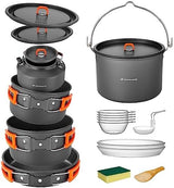 Odoland 18pcs Camping Cookware Large Size Hanging Pot Pan Kettle Set with Plastic Plates Bowls Soup Spoon for Camping, Backpacking, Outdoor Cooking and Picnic