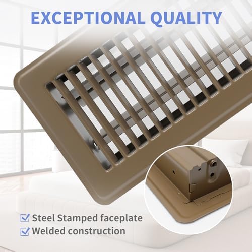 4" x 10" Floor Register 2 Pack - Heavy Duty Steel Walkable Floor Vents - Easy Adjust Air Supply Lever - Vent Covers for Home (Brown)
