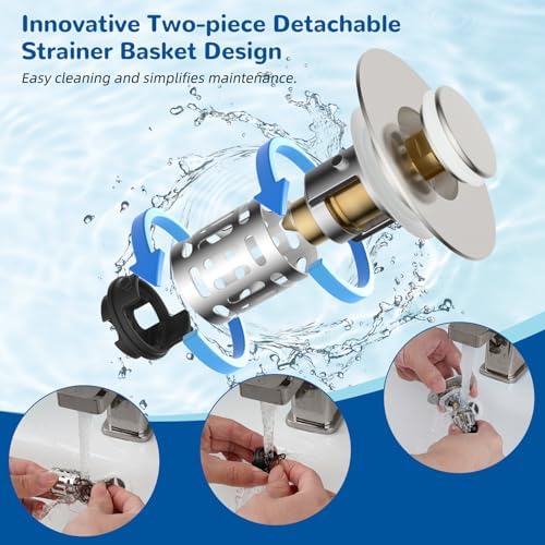 Hibbent 2 Pack Upgraded 3 in 1 Bathroom Sink Drain Strainer, Universal Pop Up Stopper with Removable Stainless Steel Filter Basket Hair Catcher, Sink Plug for 1.1''~2.36'' Basin, Brushed Nickel