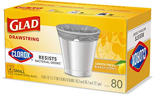 Glad Small Trash Bags 4 Gallon, Lemon Fresh Bleach Garbage Bags, Odor Resistant with Drawstring, 80 Count