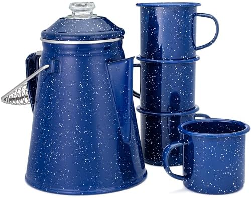 COLETTI Classic Camping Coffee Pot & Mug Set - Percolator Coffee Pot, Enamel Mug Complete Nostalgic Bundle German Imported Enamel Powder [12 oz, Set of 4] (Blue)