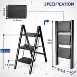 Double Elite Step Ladder 3 Step Folding, Sturdy 330 Lbs Small Step Stool for Adults, Safer Full Steel Multi-use Kitchen Ladder for Home, Closet Step Stool Ladder with Anti-Slip Wide Pedals, Black