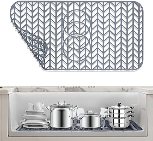 AWOKE Sink Protectors for Kitchen Sink - 24"x 12.5" Sink Mat - Heat resistant Easy-clean Silicone Sink Mat - for Protection of Stainless Steel Sink - with 3 Reserved Holes (Grey)