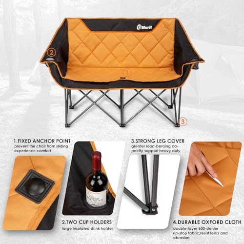 EMERIT Oversized Double Duo Camping Chair Folding Camping Loveseat 2 Person Camping Couch Heavy Duty Lawn Chairs for Outside with Padded Seats & Armrests-Support 650LBS