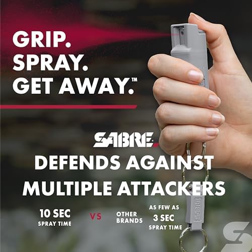 SABRE Pepper Spray, Maximum Police Strength OC Spray, Quick Release Keychain for Easy Carry and Fast Access, Finger Grip for More Accurate and Faster Aim, 0.54 fl oz, Secure and Easy to Use Safety
