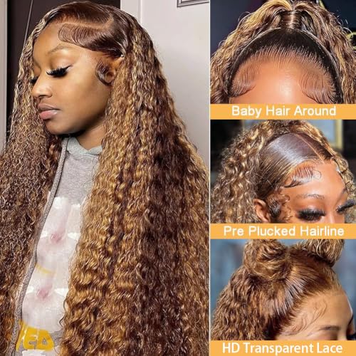 Honey Blonde 13x6 Deep Wave Lace Front Wigs Human Hair 30 inch 4/27 Highlight Ombre Deep Wave HD Transparent Lace Front Wigs Pre Plucked 200% Density Wet And Wavy Curly Lace Frontal Wig for Women