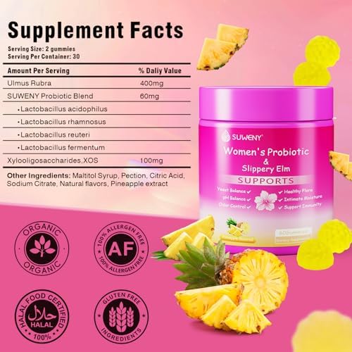 Her Juicy Feminine Probiotics Gummies,Women's Health - Supports ph Balance,with Slippery Elm, Prebiotics & Lactobacillus Blend, Immune System, Pineapple Flavor-60 Gummies (2)