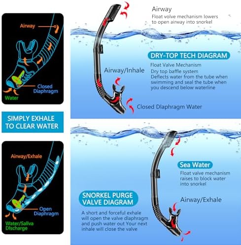 Snorkeling Gear for Adults, Dry-Top Snorkel Set Scuba Diving mask, 180°Panoramic Wide View Professional Snorkeling Gear Breathing Freely Snorkel Mask