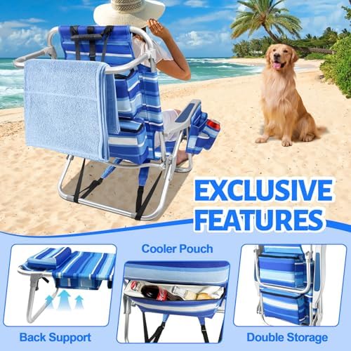 Beach Chairs for Adults with 5 Positions, Folding Backpack Beach Chair with Cooler & Storage Pouch, Portable Camping Chair with Cup Holder, Towel Bar, Lay Flat Camp Chair Support to 350LBS