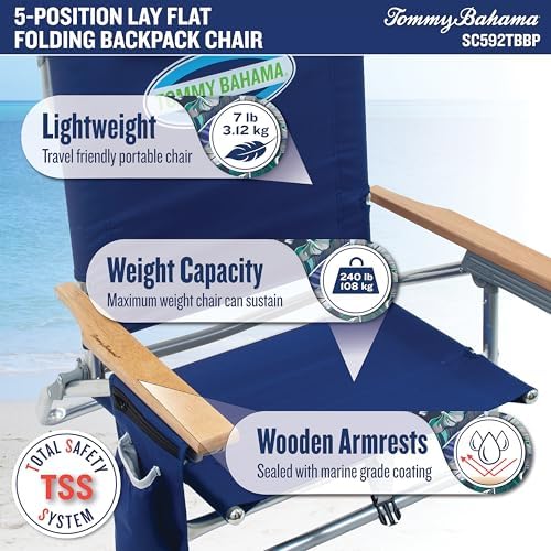 Tommy Bahama 5-Position Classic Lay Flat Folding Backpack Beach Chair, Blue and Green Stripe , 23" x 25.25" x 31.5"