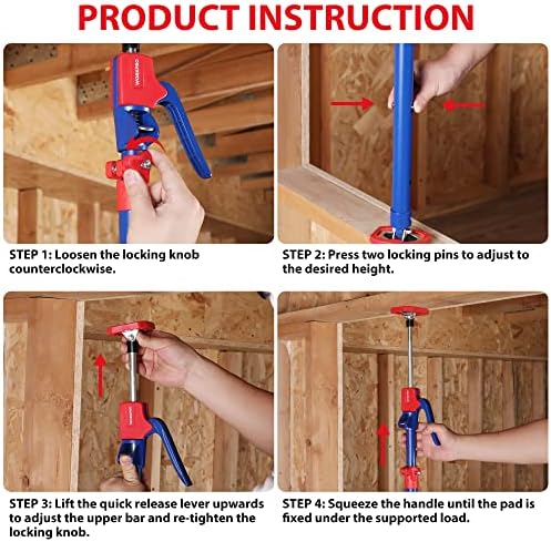 WORKPRO Cabinet Jack Support Pole, 54-114 Inches Steel Telescopic Quick Support Rod Adjustable 3rd Hand Support System with 154 lbs Capacity for Cabinet Jack, Drywall Jack& Cargo Bars, 2-Pack