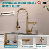 GIMILI Brushed Gold Kitchen Faucet with Pull Down Sprayer Single Handle High Pressure Brass Kitchen Sink Faucet Commercial Double-Headed Kitchen Faucets Sink with Deck Plate
