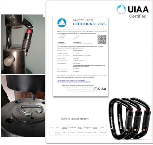 FresKaro UIAA Certified 25KN Auto Locking Climbing Carabiner Clips, Twist Lock, and Heavy Duty Carabiners for Rock Climbing, Rappelling, and Mountaineering, D Shaped 3.93 Inch, Large Size, Black