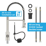 Bächlein Kitchen Faucet 360 Degree Swivel (Brushed Stainless Steel) - One-Hand Stainless Steel Sink Mixer with Flexible Neck and Shower with Switch Button, Water Tap for The Kitchen