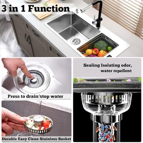 Upgraded 3 in 1 Kitchen Sink Drain Strainer Stopper, Brushed Stainless Steel SUS 304 Pop Up Sink Drain Stopper for Standard 3-1/2 Inch Drain Anti-Clogging Odor Prevention
