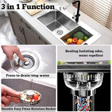 Upgraded 3 in 1 Kitchen Sink Drain Strainer Stopper, Brushed Stainless Steel SUS 304 Pop Up Sink Drain Stopper for Standard 3-1/2 Inch Drain Anti-Clogging Odor Prevention