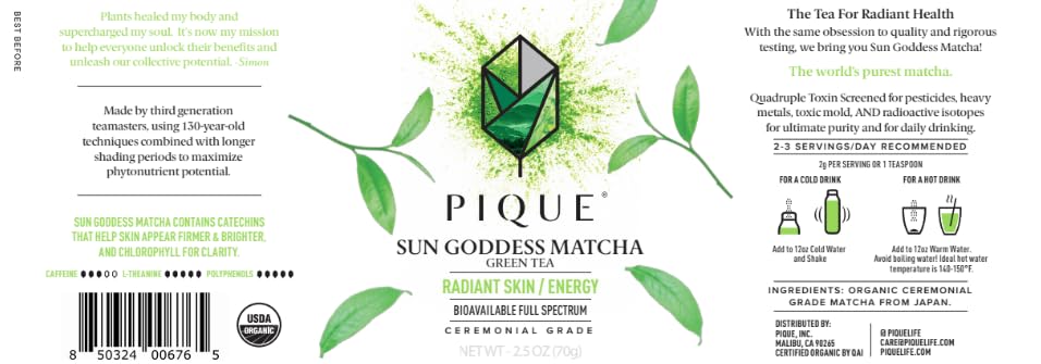 PIQUE Organic Sun Goddess Matcha Tin - Premium First Harvest Ceremonial Grade Matcha Green Tea Powder from Japan (70g/ 2.5oz)