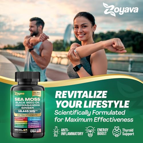 Sea Moss 7000mg Black Seed Oil 4000mg Ashwagandha 2000mg Turmeric 2000mg Bladderwrack 2000mg Burdock 2000mg & Ginger Vitamin C Vitamin D3 with Elderberry Manuka Dandelion Yellow Dock Chlorophyll ACV