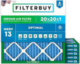 Filterbuy 20x20x1 Air Filter MERV 13 Optimal Defense (6-Pack), Pleated HVAC AC Furnace Air Filters Replacement (Actual Size: 19.50 x 19.50 x 0.75 Inches)