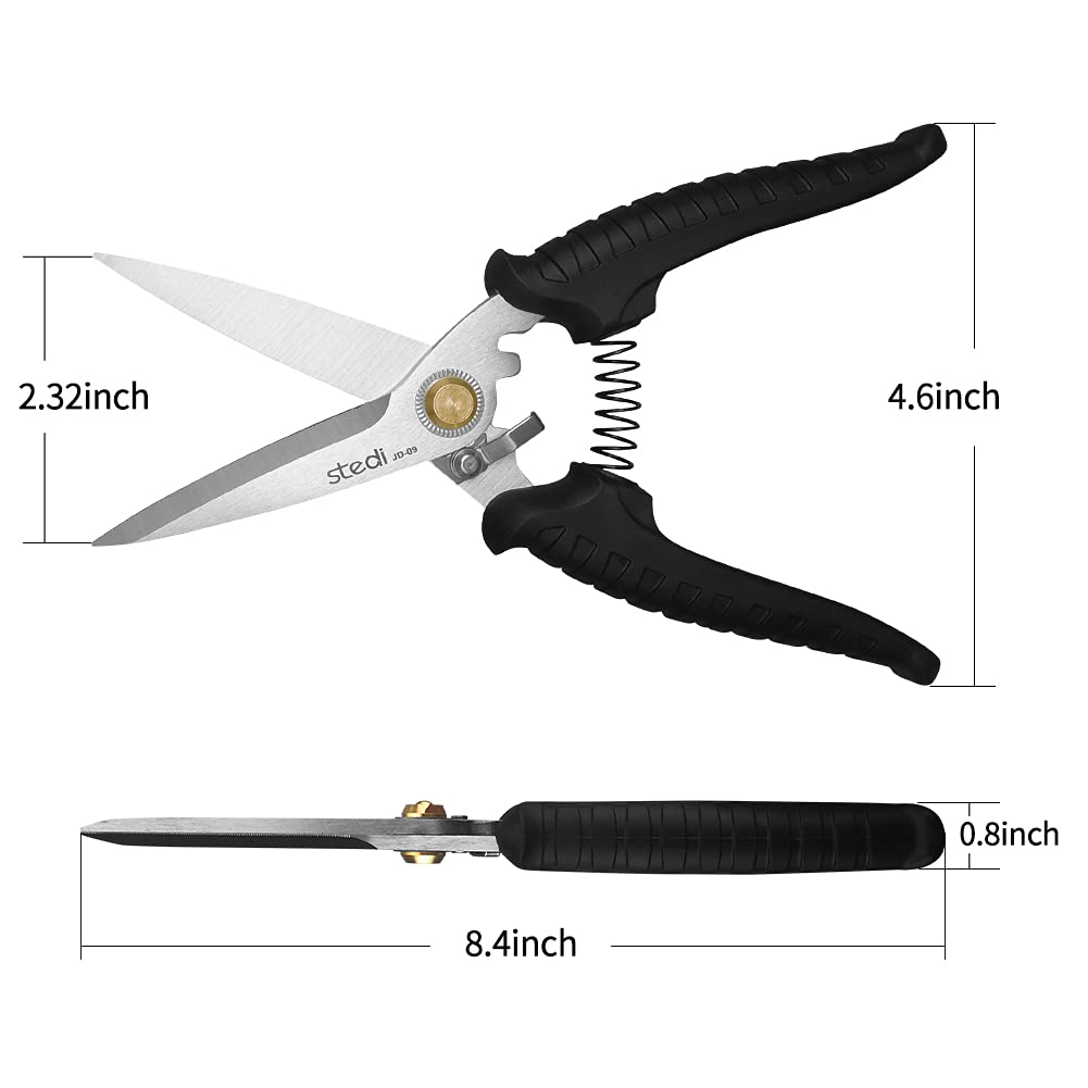 stedi 8.2-inch Multipurpose Heavy Duty Scissors, Extended & Reinforced Ultra Sharp Blades with Finely Serrated, High Carbon Stainless Steel Shears for Household Pruning, Office, Gardening, Black