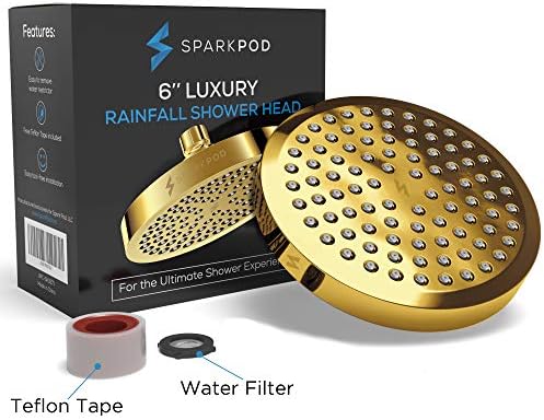 SparkPod Shower Head - High Pressure Rain - Premium Quality Luxury Design - 1-Min Install - Easy Clean Adjustable Replacement for Your Bathroom Shower Heads (Egyptian Gold, 6 Inch Round)