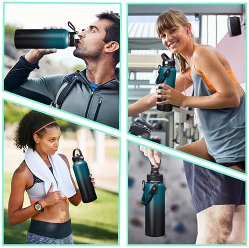 Vacuum Insulated Water Bottle 40oz - with Straw & Spout Lids, Paracord Handle, Shoulder Carrier Bag, Sport Stainless Steel,Double-Wall Metal Water Bottle Thermo Hydro Mug Flask