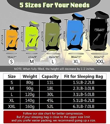 Frelaxy Compression Sack, 40% More Storage! 11L/18L/30L/45L/52L Compression Stuff Sack, Water-Resistant & Ultralight Sleeping Bag Stuff Sack - Space Saving Gear for Camping, Hiking