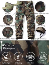 Men's Camo Cargo Work Pants Ripstop Lightweight Wild Army Military BDU Outdoor Trousers with 8 Pocktets (No Belt)