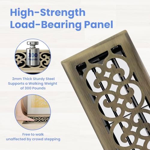 4x10 Inches Heavy Duty Walkable Floor Register Easy Adjust Air Supply Lever Floor Vents - Charlotte Design - Vent Cover for Home Floor - Antique Brass