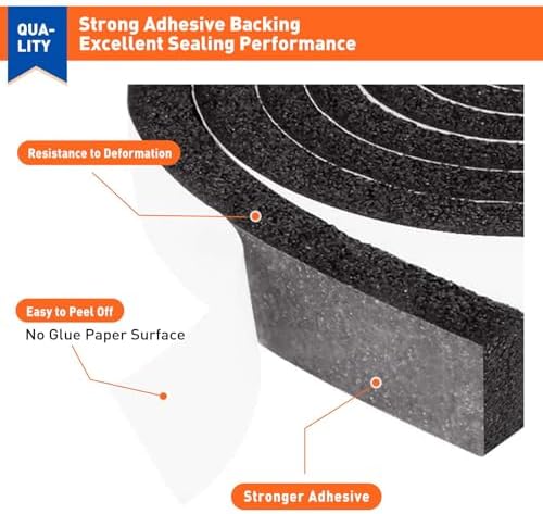 MAGZO Weather Stripping Door Seal 1 Inch W X 1/2 Inch T, Strong Adhesion and High Resilience Air Conditioner Foam Insulation for Cars, Total Length 13 Feet (6.5 ft x 2 Rolls)