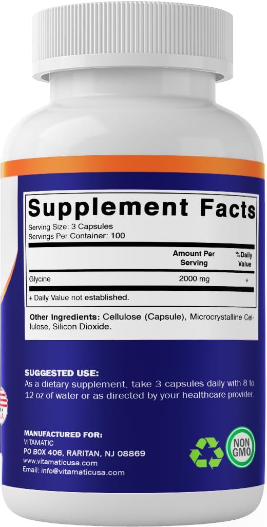 Vitamatic Glycine Supplement, 2000mg Per Serving, 300 Count, Non-GMO, Gluten Free