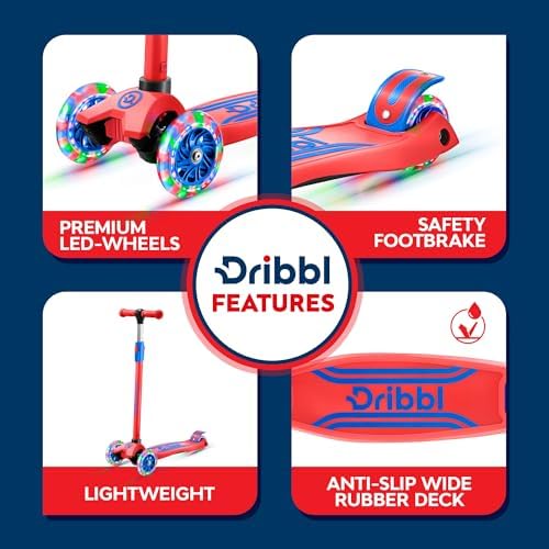 3-Wheel Kids Scooter - Lean-to-Steer Technology, Adjustable Height Handlebar, Anti-Slip Deck, Scooter for Boys & Girls Ages 3+, Child Safety Approved, Support Riders Up To 165 lbs, Red and Blue