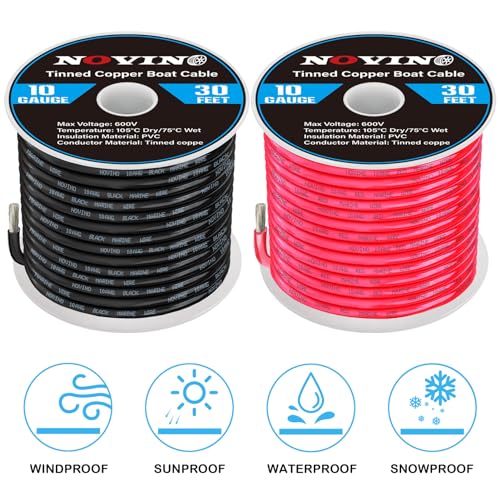 10 Gauge Marine Wire 10 AWG Marine Grade Wire Include 10 Gauge 30FT Red & 30FT Black,10AWG Tinned Copper Boat Electrical Cable for Automotive Boat Speakers Lighting Solar Outdoor RV Camper Trailer