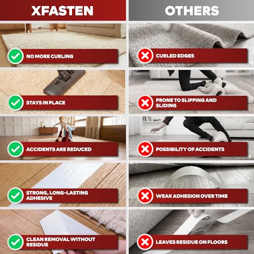 XFasten Double Sided Carpet Tape for Area Rugs, 2 Inch x 30 Yards – Heavy Duty Anti Slip Rug Grip Tape, Works as Rug Grippers, Residue Free, Wood Safe, Easy Removal for Hardwood and Laminated Floors