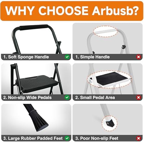 4 Step Ladder, Protable Steel Folding Stool with Wide Anti-Slip Pedal, 500lbs Sturdy Steel Ladder, Black