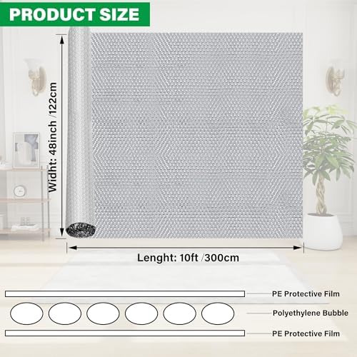 winemana Window Insulation Roll, 48IN x 10FT Reflective Heat Shield Bubble Film, Double-Sided Aluminum Foil Insulation, Weatherproof Garage Door Cover for Windows, RV, Basement, Winter & Summer