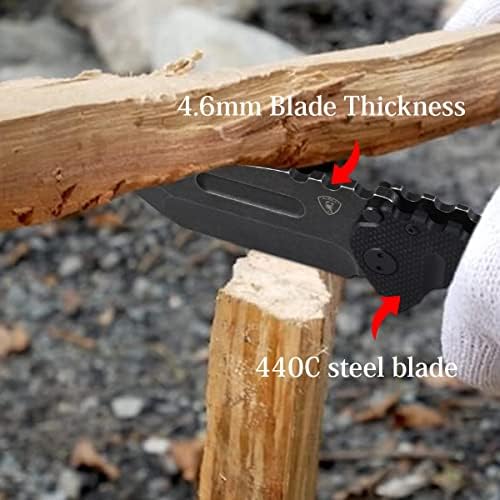 AUBEY Folding Pocket Knife with Tanto Tumbled 440C Steel Blade, Frame Lock, Black G10 Handle, Clip, Glass Breaker, Heavy Duty EDC Knife for Men Hunting, Magic Axe