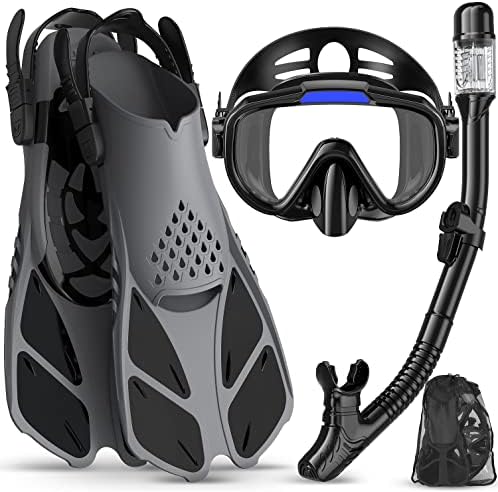 Snorkeling Gear for Adults Men Women,4 in 1 Snorkel Set with Panoramic View Diving Mask Anti-Fog Anti-Leak,Dry Top Snorkel,Fins and Travel Bag for Swimming,Snorkeling and Travel Diving