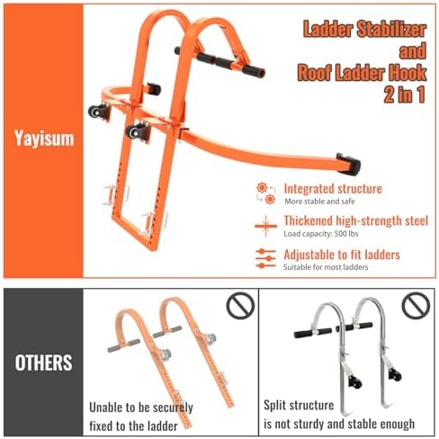 2 in 1 Ladder Hooks for Roof Ridge Heavy Duty Steel Ladder Roof Hook with Rubber Grip T-Bar for Damage Prevention, Extension Ladder Stabilizer 550 lbs Load Capacity